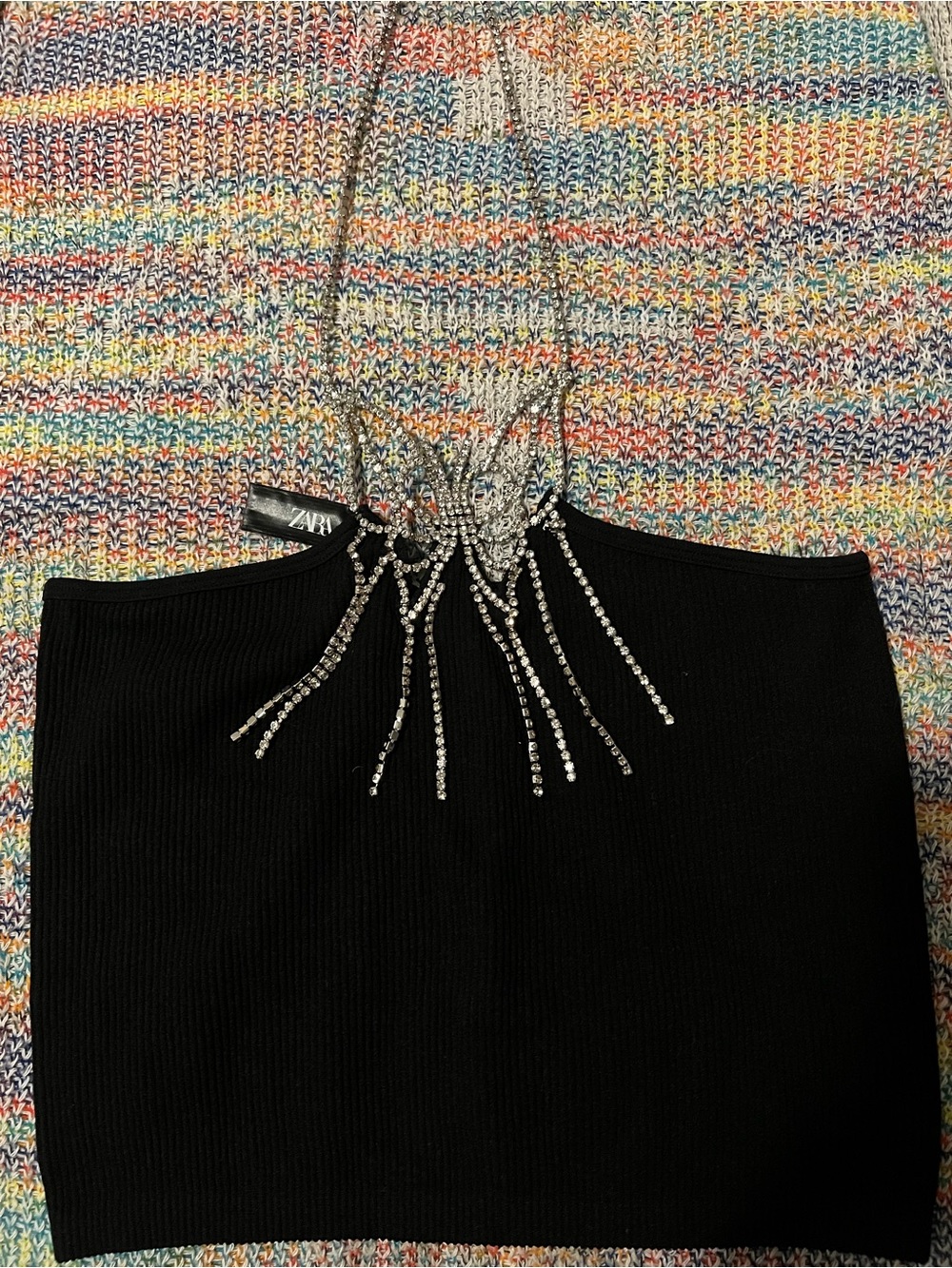 ZARA Black Ribbed Halter Crop Top with Crystal Fringe Neckline